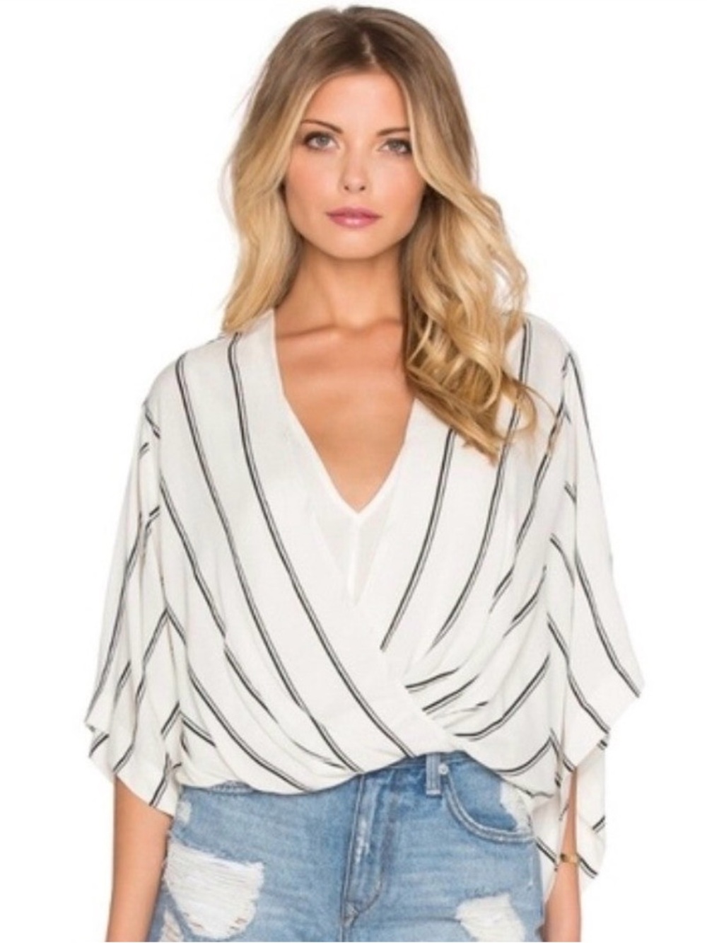 Free People White and Black Striped Wrap Blouse
